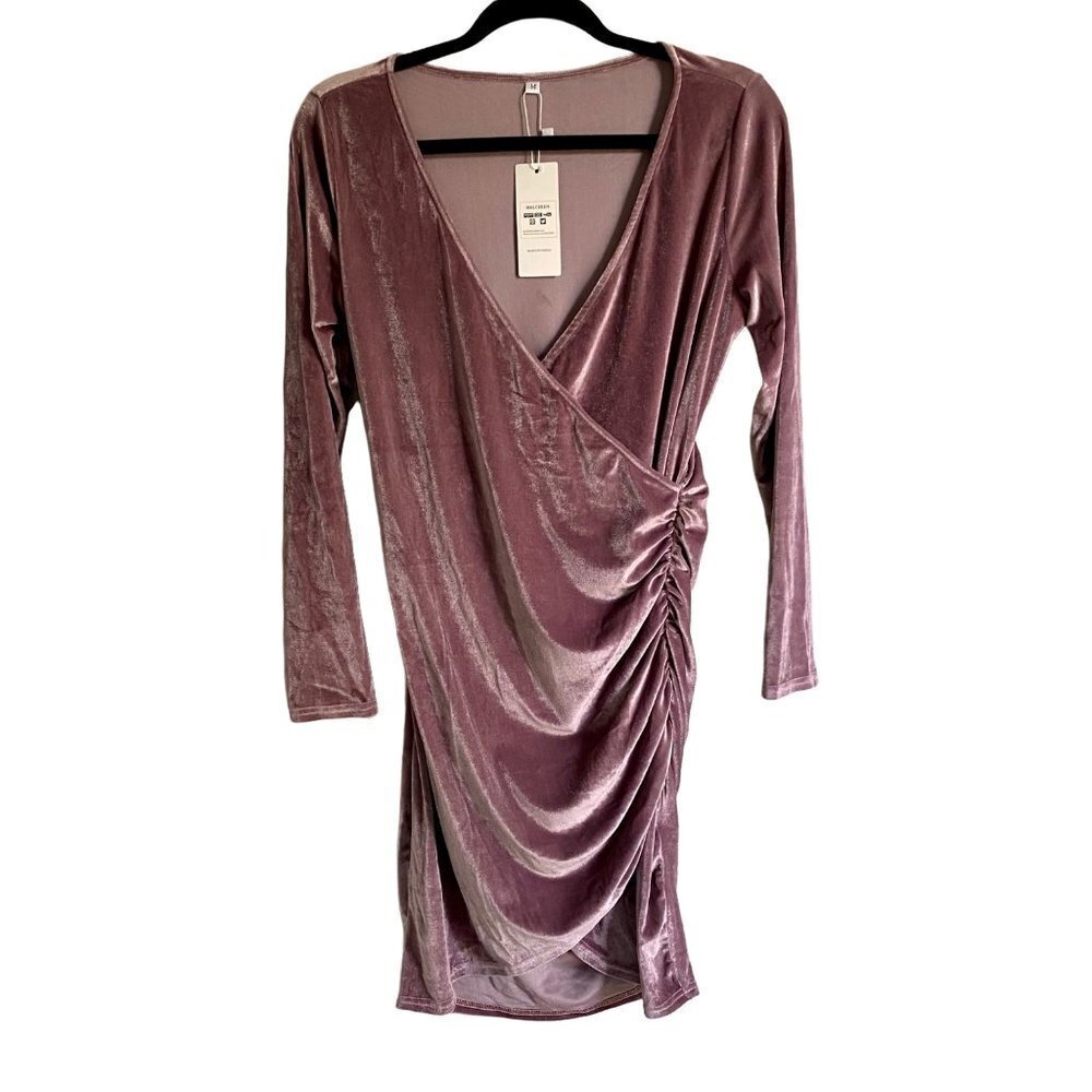 Halcyeen Velvet Wrap Ruched V Neck Bodycon Cocktail Party Club Dress Med NEW NWT